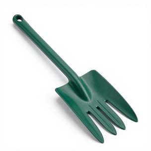 A set of watering cans in different sizes lined up on a wooden garden bench.