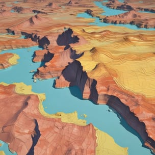 Aerial view of an underwater seafloor featuring rocks and clusters of coral or algae. The scene has a range of dark and light blue tones, with patches of green indicating marine life.