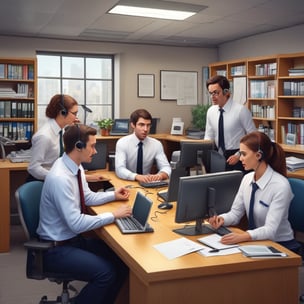 Technician assisting a client with computer issues in a modern office.