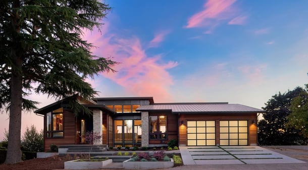 Front view of a new Ranch home.