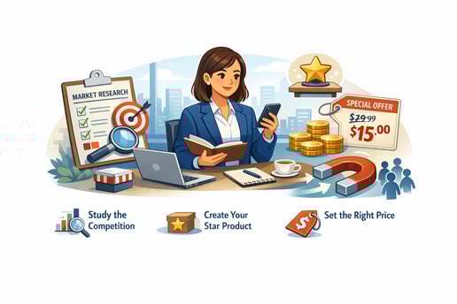 An illustration of a business founder at a desk analyzing market research charts, a 'Star Product' t