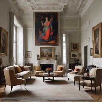 The image depicts the exterior of an art atelier gallery featuring an assortment of framed paintings displayed around the entrance. The artwork varies in style, including portraits, landscapes, and abstract pieces. A blue awning hangs above the door, and a sign prohibits photos and videos.