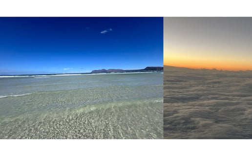The view of the ocean and the mountains, as well as view over the clouds from airplane view
