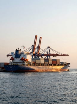 A wide-angle shot of cargo ships at a modern Southeast Asian / Indonesian port during sunset, warm lighting, Muted Steel Blue ocean colors and a clear Elegant Pearl White sky.