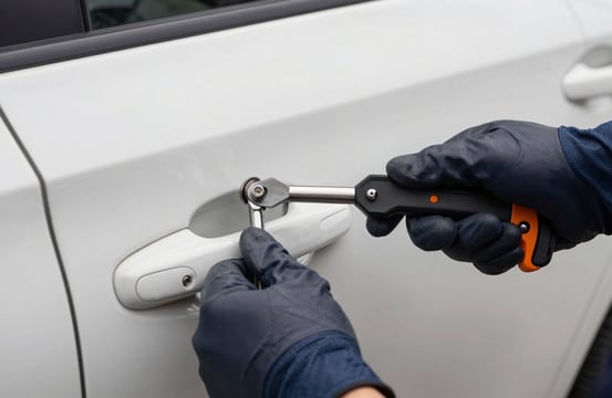 Action photography of an expert locksmith using professional non-destructive opening tools on a car door handle. The aesthetic is clean, sharp focus on the tool, with a soft off-white car body and dark navy professional gloves.