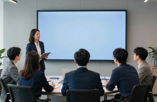 A collaborative team of tech professionals in a brightly lit North American / US workspace, looking at a large screen in a modern conference room. The style is professional and trustworthy, incorporating a palette of gray blue and dark navy.