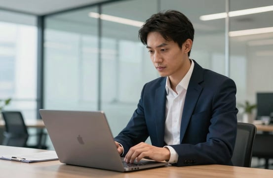 A professional financial advisor in a modern North American / US office setting, interacting with a sleek laptop. The background features a clean, professional glass interior with subtle accents of dark navy and steel blue. The lighting is bright and airy, suggesting transparency and security.