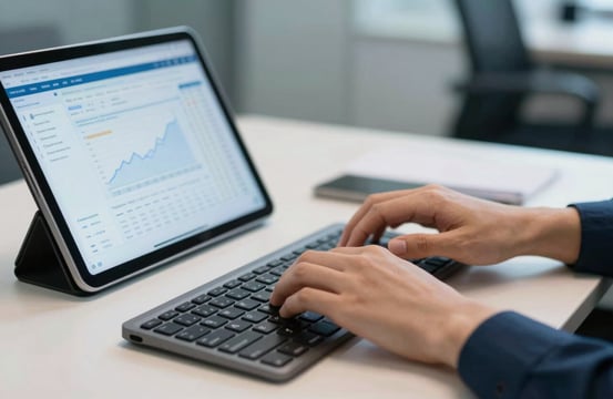 A close-up shot of hands typing on a high-end keyboard in a North American / US corporate headquarters. On the desk is a tablet showing clean data trends. The atmosphere is innovative and efficient, featuring colors like steel blue and off-white in a soft-focus background.