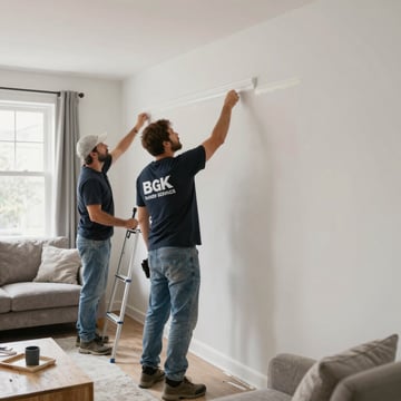 A handyman repairing a door frame inside a cozy living room.