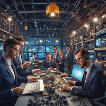 Technician installing cybersecurity software on multiple devices.