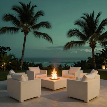 A serene twilight view of a sustainable luxury terrace in a Central American / Costa Rican coastal estate. Low-profile furniture in elegant creamy off-white is arranged around a fire pit, with silhouettes of palm trees against a deep obsidian green background and soft misty sage green lighting.