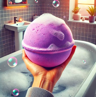 Extra large purple bath bomb held over a bathtub, with thick foam and bold fizz during a luxury soak