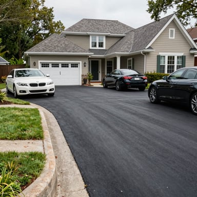 A close-up of a fresh asphalt driveway being laid under bright daylight.