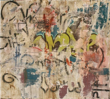 Abstract urban mixed media painting with layers of street art graffiti, torn paper, and textured acrylic paint.