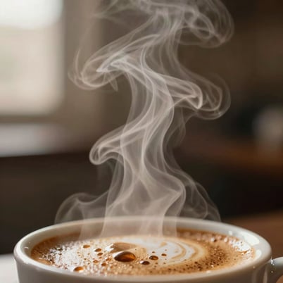 Macro shot of coffee steam in the morning light, cinematic depth of field, warm earthy palette.