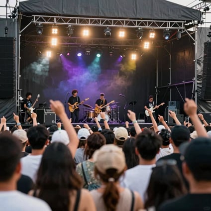 Crowd enjoying a lively outdoor rock concert under colorful stage lights at sunset.