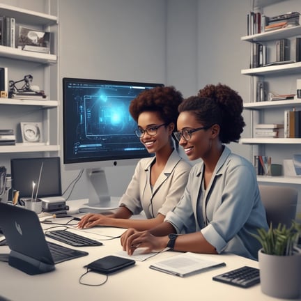 a group of people sitting at a table with computers