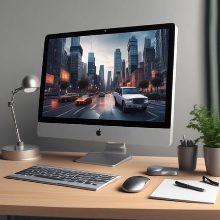a desk with a laptop and a monitor screen