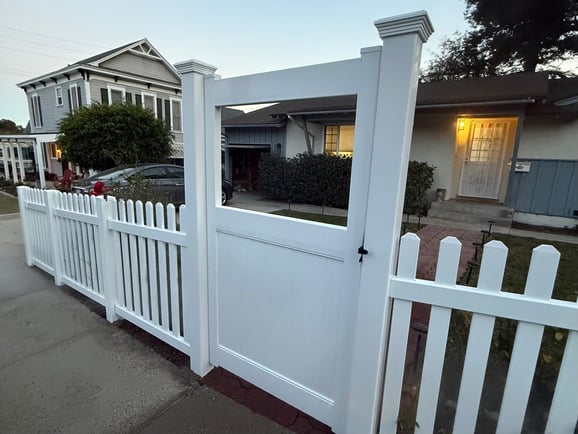 Custom white picket fence and gate