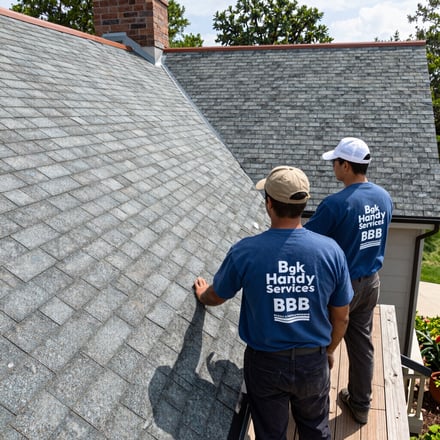 A skilled handyman repairing a roof shingle on a sunny day.
