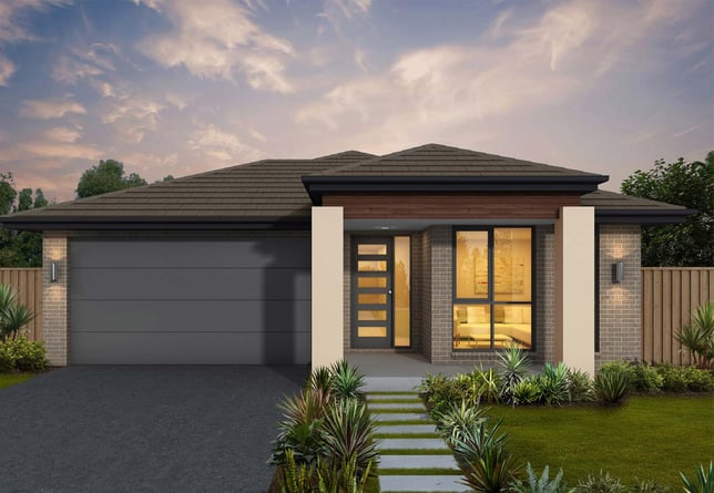 Front view of a Ranch home with an attached garage.