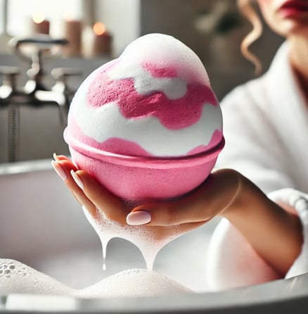 Oversized pink and white bath bomb fizzing in water with creamy foam and long-lasting bubbles.