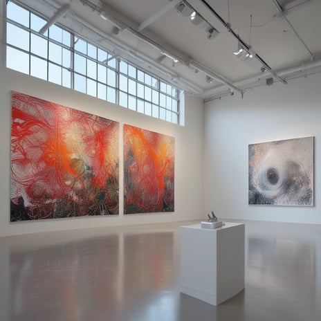 An art gallery features a richly decorated interior with blue walls adorned with classical paintings. The space has a polished wooden floor, and the lighting highlights the artworks. Two individuals are observed near the center, positioned under an archway with a high ceiling, creating a dramatic entrance to the room.