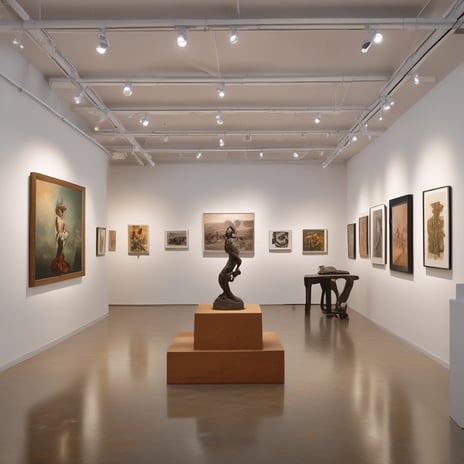 An interior of an art gallery with exposed brick walls and track lighting on the ceiling. There are several colorful abstract paintings on the walls and a red sculpture on a table to the right. The gallery has a large open window with a person visible outside walking.