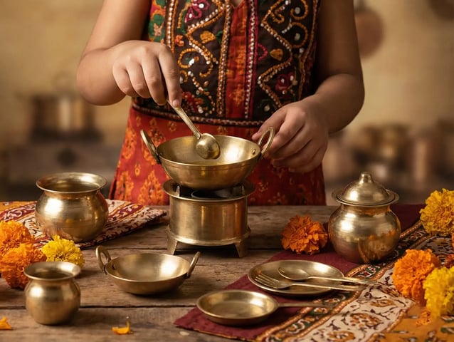 baby girl cooking in miniature brass toys