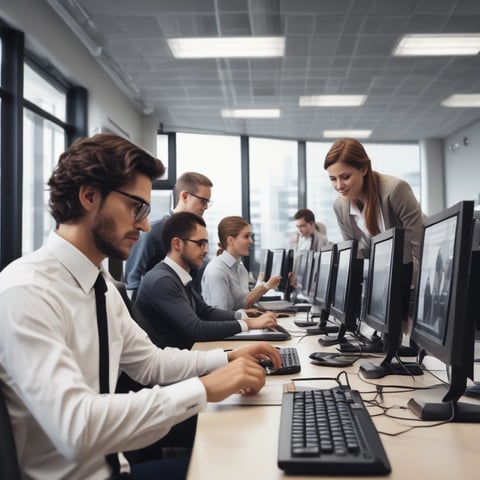 A professional team collaborating over computers in a modern office environment.
