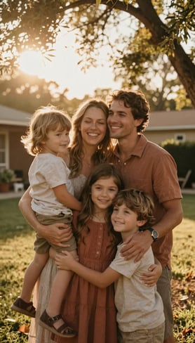 A large, cinematic portrait of a happy family embracing in a sun-drenched North American / US backyard during golden hour. Warm terracotta sunlight glows through the trees, creating soft sand-colored flares and authentic, joyful expressions.