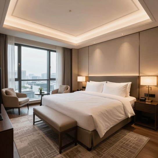 A small desk and chair by the window in a standard hotel room.