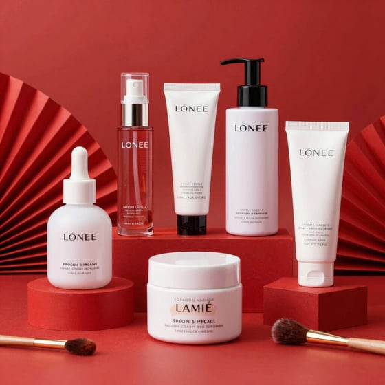 A vibrant display of beauty and skincare products arranged neatly on a white background.