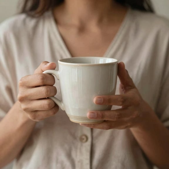 A close-up photograph of a woman's hands holding a refined ceramic mug in a South American / Brazilian morning setting. The focus is on the texture and the soft off-white and muted sand tones of the environment, suggesting peace and clarity.
