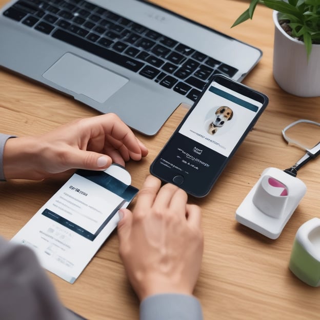 A laptop displays a web browser on the eBay homepage, showing a prominent green advertisement offering up to 70% off on Apple tech with a two-year warranty. The ad features images of a smartwatch and a smartphone. The surrounding environment includes a wooden table and blurred indoor plants in the background.