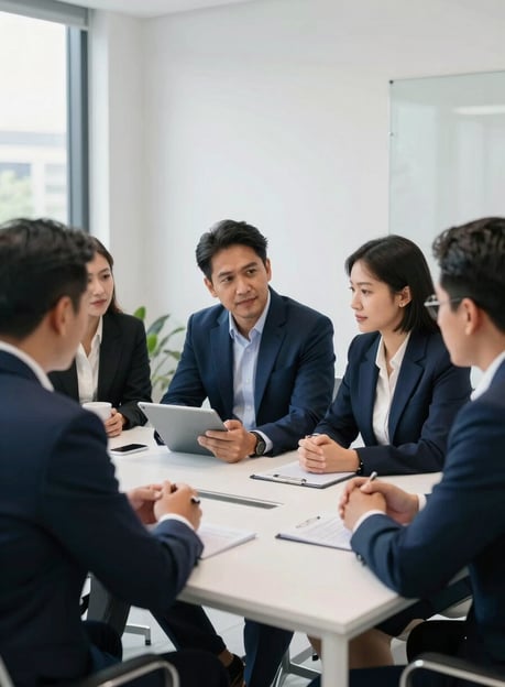 A group of professionals in a modern Southeast Asian / Indonesian office having a strategy meeting, focused on a tablet, bright natural lighting, Deep Midnight Blue and Elegant Pearl White accents in the minimalist office decor.
