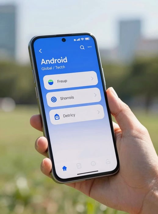 Macro shot of a hand interacting with a sleek Android application in a Global / Tech Industry urban park. The screen shows a steel blue and soft white UI design, captured in natural sunlight with a modern aesthetic.