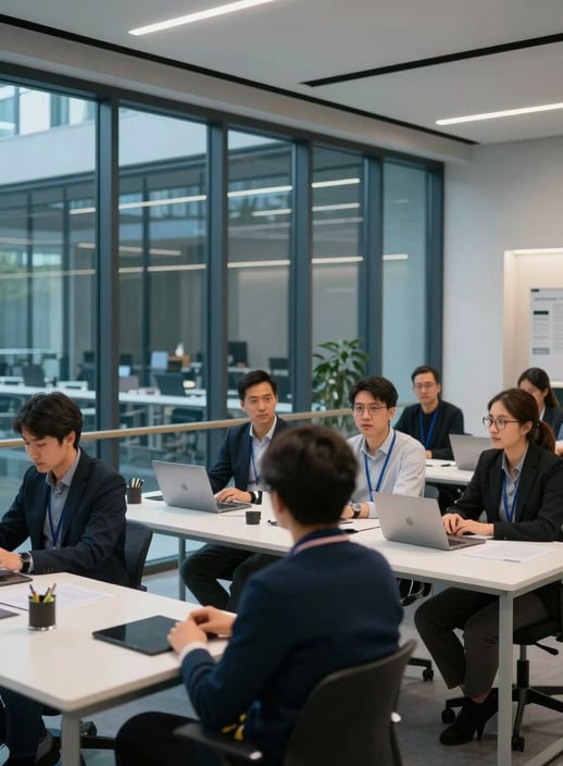 A collaborative group of tech experts in a Global / Tech Industry innovation hub. Modern architecture with steel blue glass panels and soft white desks, soft and clean high-end photography.
