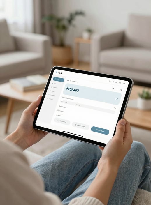 A person comfortably using a tablet in a bright, modern living room. The device shows a simple, user-friendly navigation menu. The image feels airy and peaceful, incorporating soft tones of #F0F4F7 and #4A6D7C.