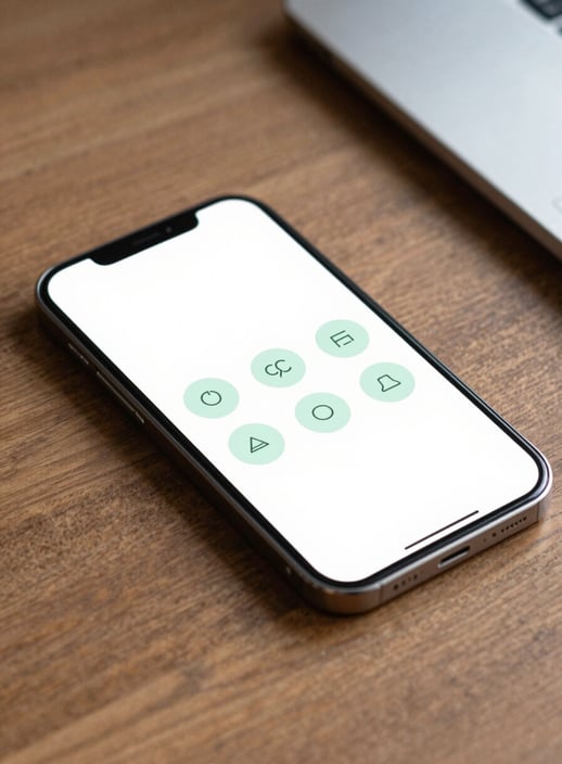 A close-up of a modern Android smartphone resting on a wooden desk. The screen displays a clean, minimalist interface with soft #9CC0B9 colored icons and plenty of whitespace. The lighting is soft and natural, emphasizing a professional yet approachable aesthetic.