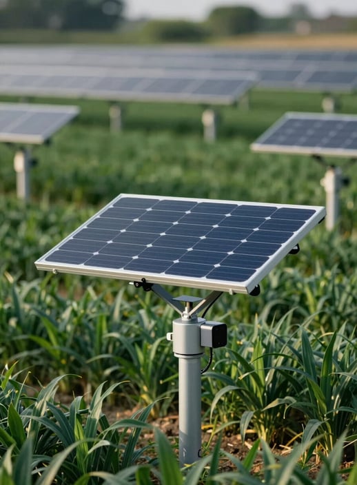 A close-up of high-tech smart solar trackers positioned over green crops in the PACA region. The lighting is crisp and professional, highlighting the integration of technology and nature with deep emerald #2E7D65 tones and solar highlights #E7C66B.