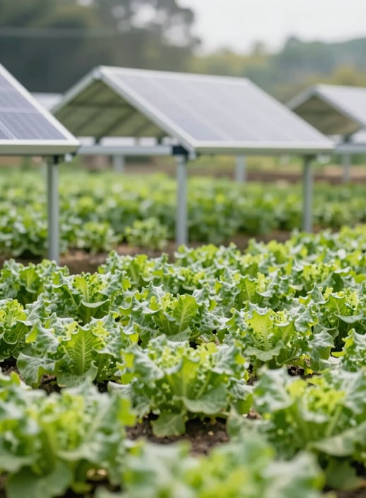 Detailed view of high-tech solar ombrières protecting a crop of leafy greens. The structure is minimalist and technological, integrated seamlessly with the farm environment. Soft morning light, sharp focus on the technology and the vibrant #2E7D65 green of the plants.