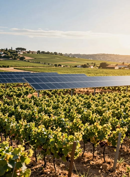 Wide-angle landscape shot of a vineyard in the PACA region under a bright Mediterranean sun. Sleek, modern agrivoltaic trackers are positioned above the vines, following the sun's path. The color palette features rich vine greens (#2E7D65) and golden sunlight highlights (#E7C66B). Professional, high-end photography style.