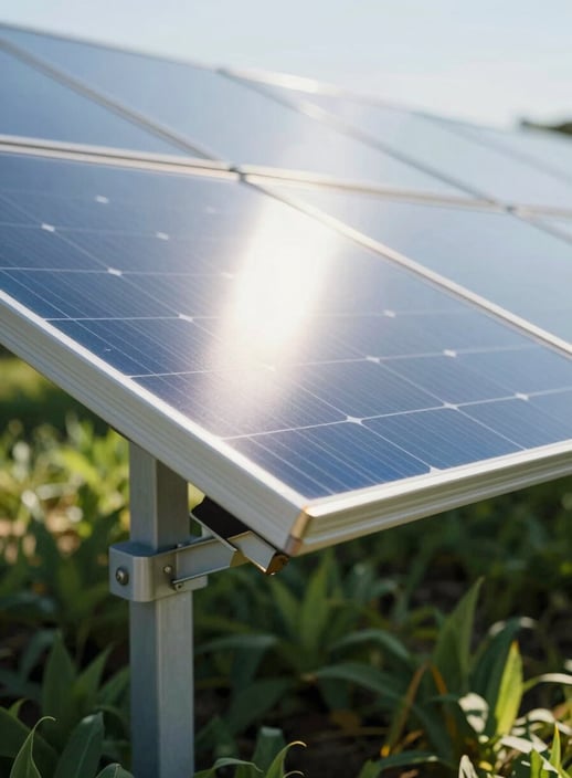 Close-up detail of modern solar panel glass reflecting the bright sun of Provence, with lush green agricultural foliage visible beneath the structure. Modern, eco-conscious style.