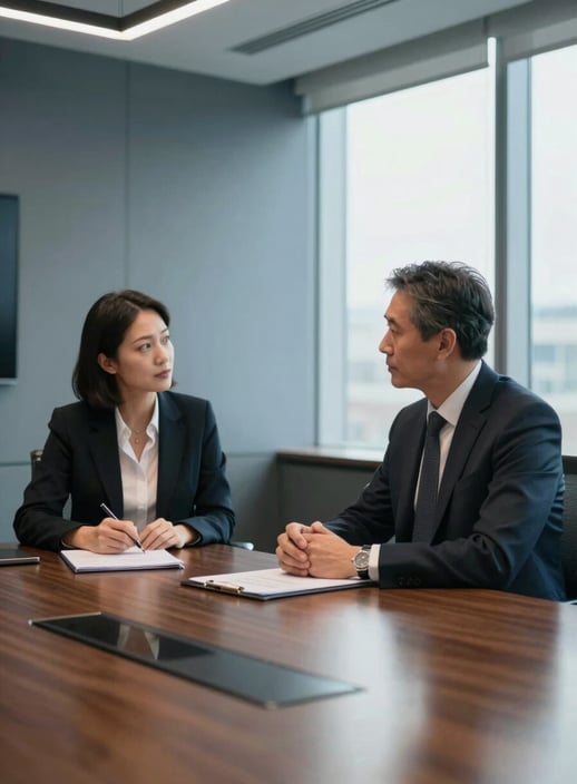 Two professionals in a North American / US boardroom discussing financial strategy. They are wearing professional attire. The room features muted blue-grey walls and a large window, professional lighting.