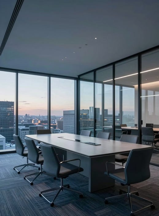 A wide-angle shot of a sleek, glass-walled North American / US conference room at dusk. The room is decorated with minimalist furniture in slate blue and mist tones, reflecting a mood of innovation and secure, professional business operations.