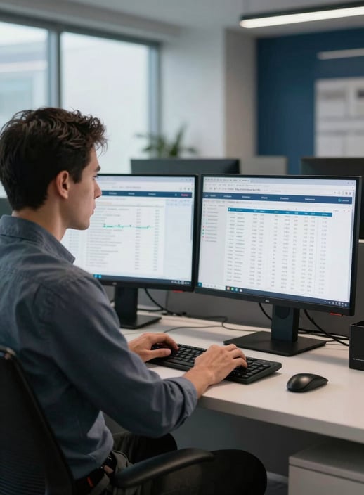 A focused North American / US professional sitting in a clean, brightly lit corporate office in Michigan, working on a dual-monitor setup showing financial spreadsheets. The lighting is soft and natural, with hints of steel blue and deep navy in the modern interior design.