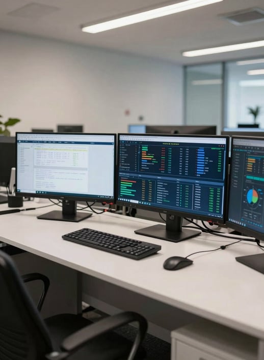 A modern workstation in a North American / US financial district office. Multiple monitors show complex data interfaces. The lighting is crisp and efficient, with off-white and steel blue tones, photography style.