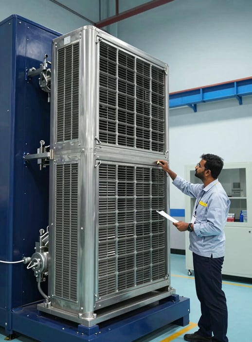 A large stainless steel Air Handling Unit (AHU) being inspected by an engineer in a professional South Asian / Indian facility. The industrial environment features deep midnight navy and pale sky blue accents on the machinery with clean, modern lighting.