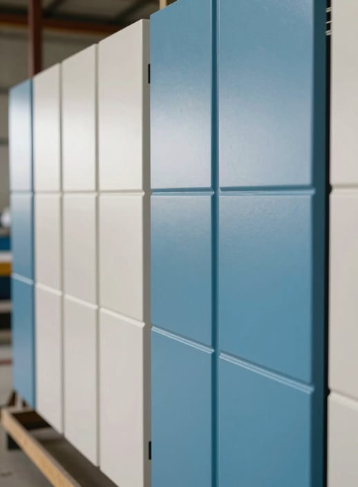 Close-up of high-quality modular wall panels in a South Asian / Indian factory. The finish is a smooth ocean blue and soft off-white, with professional lighting emphasizing the precision of the manufacturing.